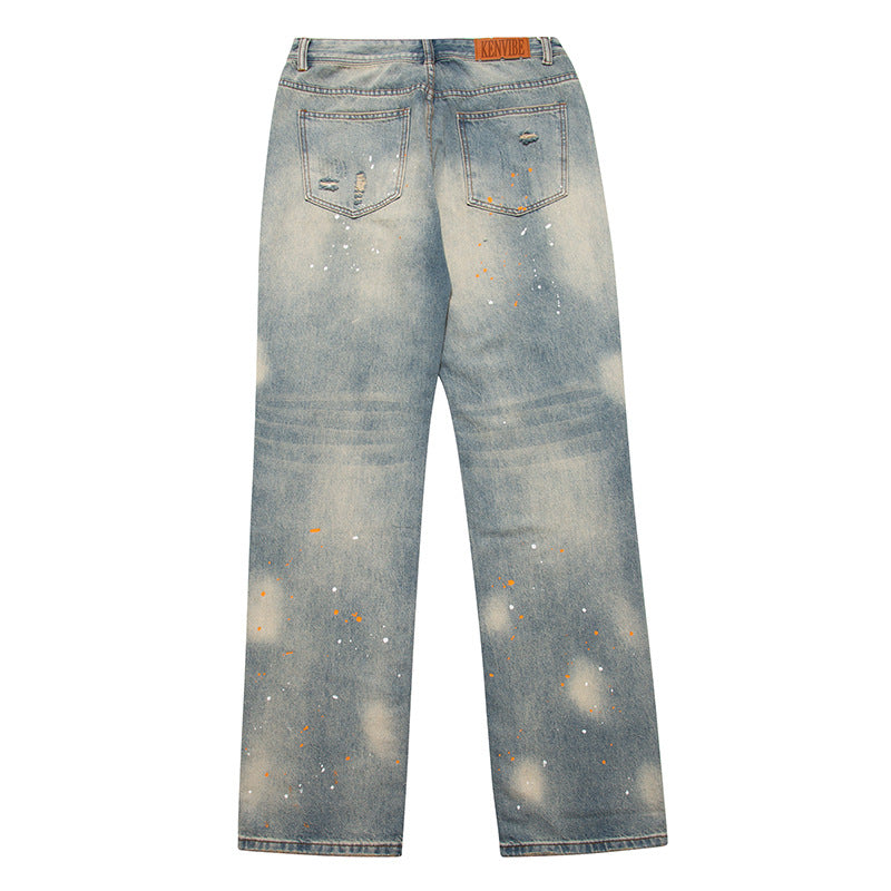 Washed Paint-Splattered Ripped Loose Street Hip-Hop Jeans