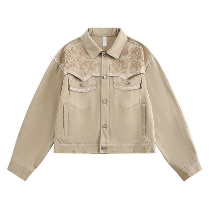 Short Embroidered Denim Jacket – Vintage Mocha Look