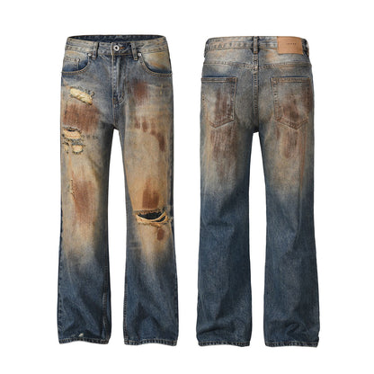 High-Street Distressed Mud-Dyed Vintage Washed Straight-Leg Jeans