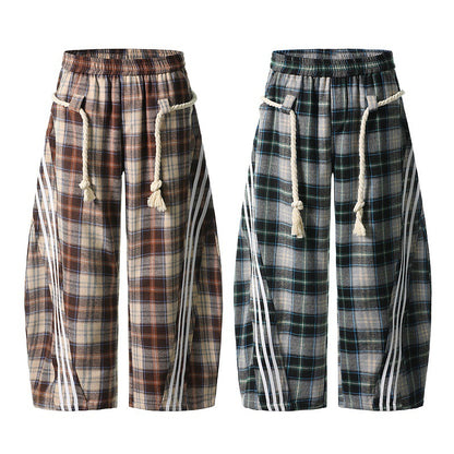 Vintage Plaid Drawstring Wide-Leg Pants