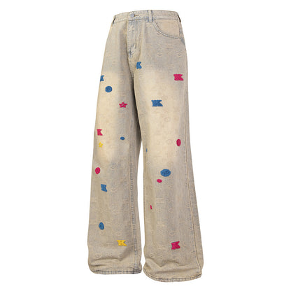 Washed Mud-Dyed Embroidered Loose Straight Micro-Flare Jeans