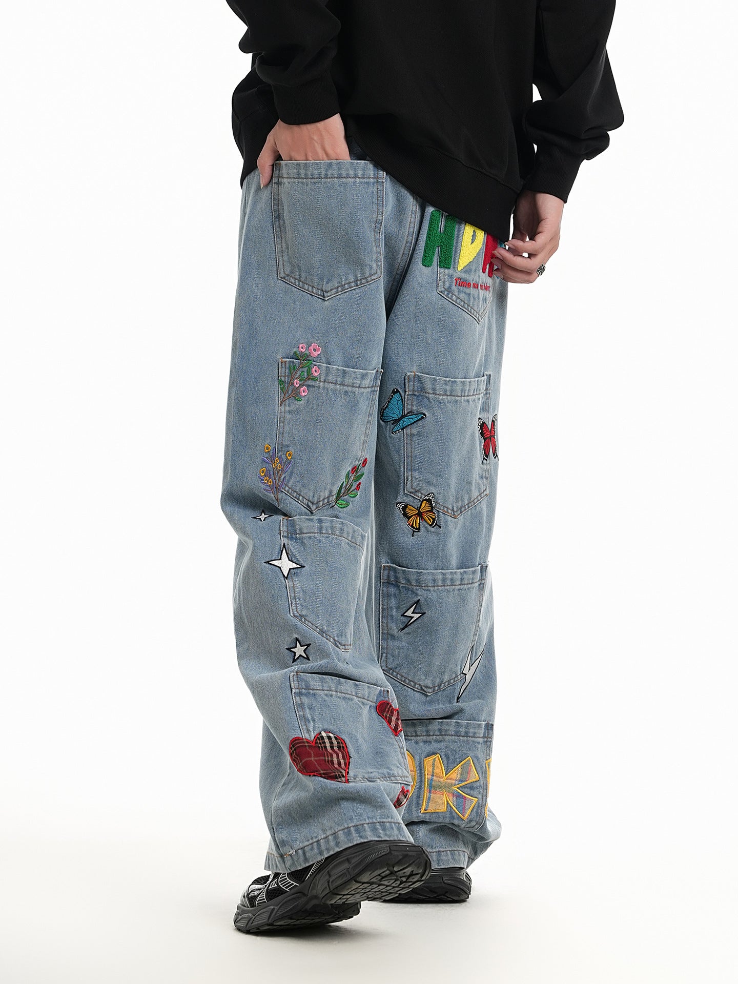 Vintage Washed Denim Pants with Embroidered Letter & Butterfly Patches