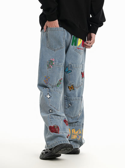 Vintage Washed Denim Pants with Embroidered Letter & Butterfly Patches