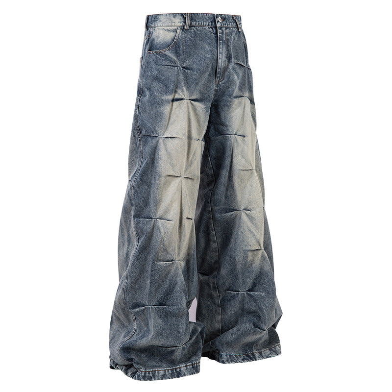 Vintage Washed Wrinkled Denim Jeans with Draped Hem