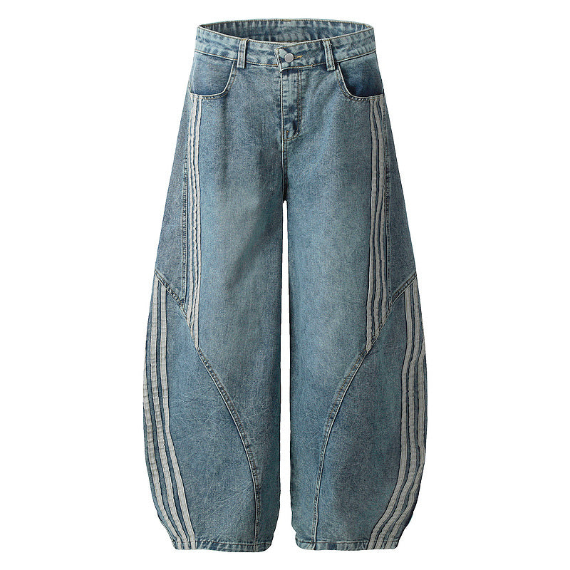 Side Stripe Knife-Cut Wide-Leg Denim Pants