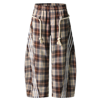 Vintage Plaid Drawstring Wide-Leg Pants